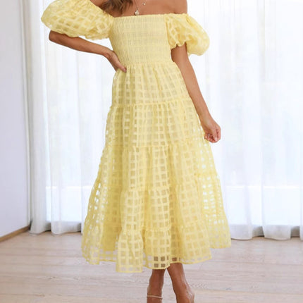 Onbely mi-longue robe carreaux col bateau manches bouffantes cocktail