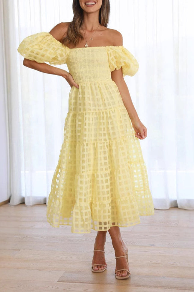 Onbely mi-longue robe carreaux col bateau manches bouffantes cocktail