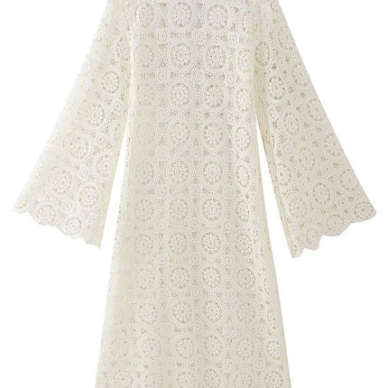 Onbely robe longue trapèze unicolore dentelle brodée col en V manches trompette manches longues mode tous les jours bureau