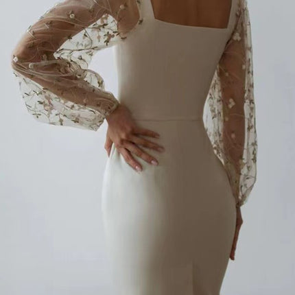 Onbely mi-longue robe moulante col carré manches longues cocktail