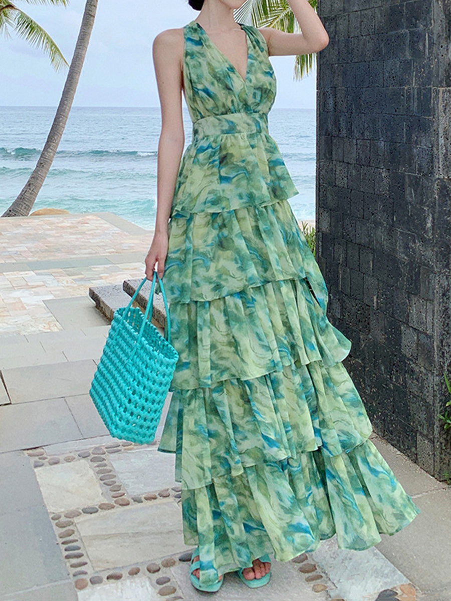 Onbely robe maxi longue licou froufrou dos nu vert