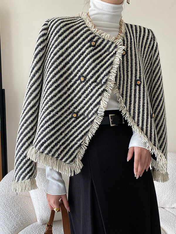 Onbely veste courte rayée en tweed avec frange et poches pour femme élégante