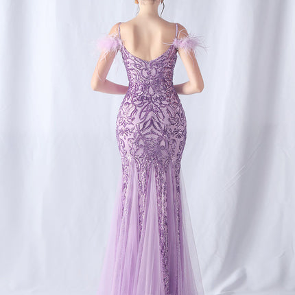 Onbely robe de soirée maxi longue en paillettes brillantes avec plumes pour un mariage femme cérémonie
