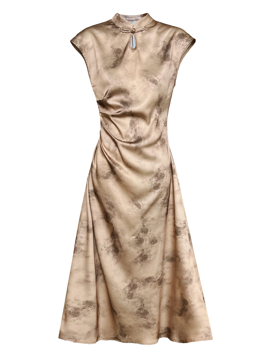 Onbely Cheongsam Qipao Satin Dorée Élégant Sans Manches