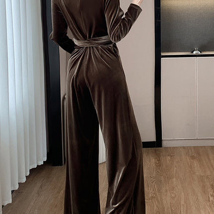 Onbely combinaison velours strappy Col en V manches longues femme élégant