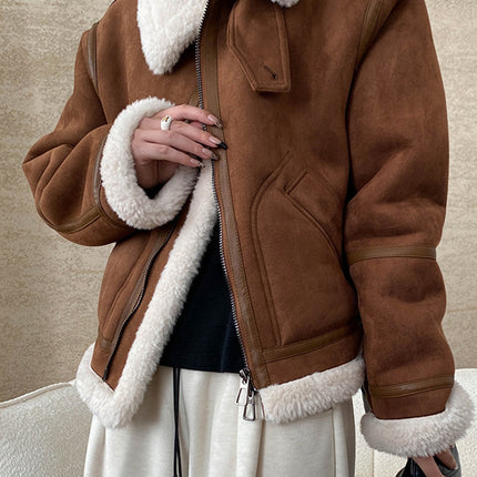 Onbely manteau aviateur en suedine laine pour femme hiver