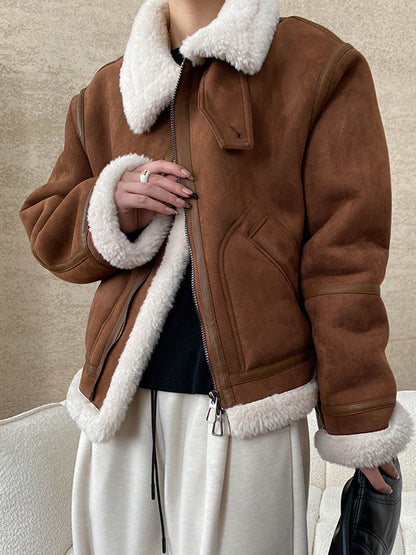 Onbely manteau aviateur en suedine laine pour femme hiver