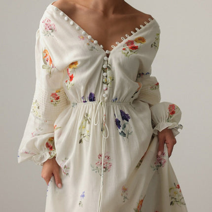 Onbely robe longue trapèze imprimé à fleurie col en V manches longues taille marquée élégant mode tous les jours