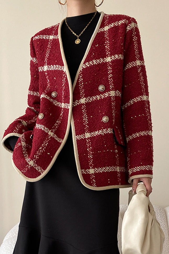 Onbely veste en tweed doublure matelassée carreaux double boutonnage femme