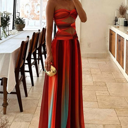 Onbely robe longue trapèze imprimé à fleurie plissé bustier col bateau mode tous les jours vacances boho dress