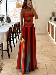 Onbely robe longue trapèze imprimé à fleurie plissé bustier col bateau mode tous les jours vacances