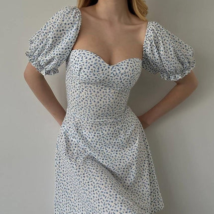 Onbely robe courte trapèze fleurs dos nu col carré manches bouffantes manches courtes taille marquée doux tous les jours vacances