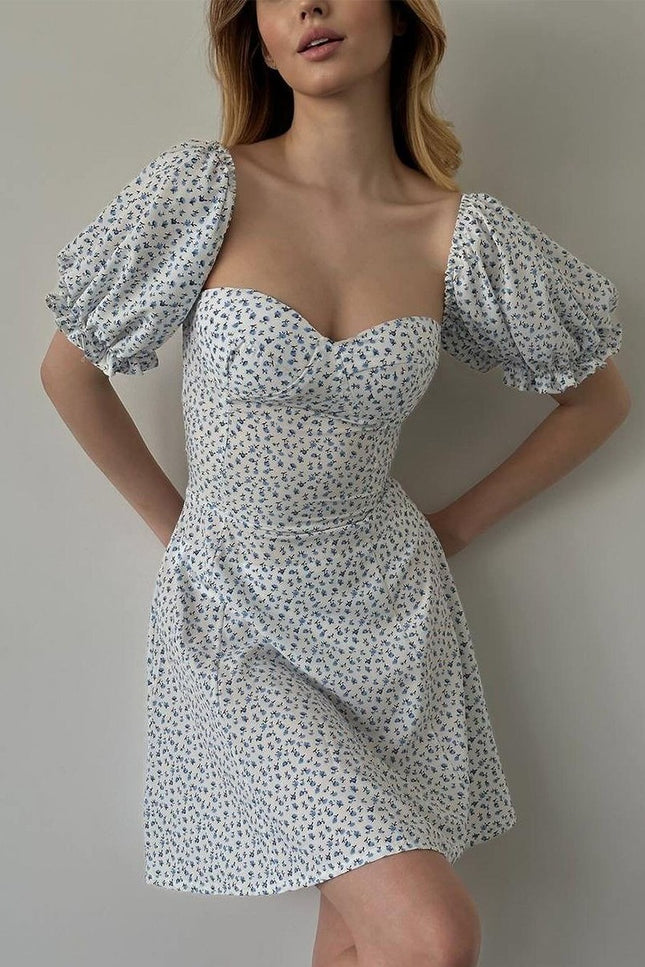 Onbely robe courte trapèze fleurs dos nu col carré manches bouffantes manches courtes taille marquée doux tous les jours vacances