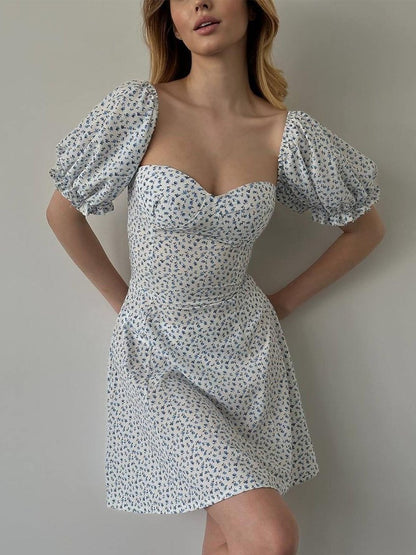 Onbely robe courte trapèze fleurs dos nu col carré manches bouffantes manches courtes taille marquée doux tous les jours vacances