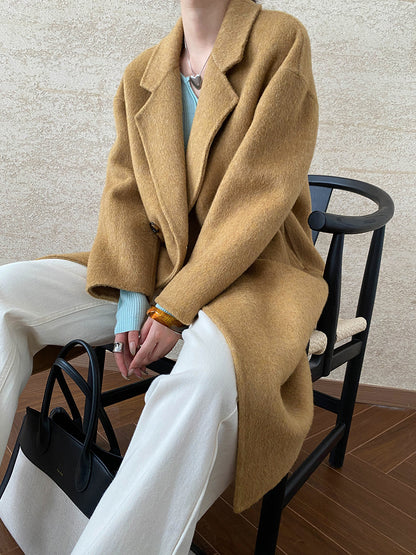 Onbely manteau en laine longue double boutonnage col revers pour femme