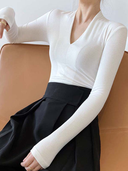 Onbely haut tricot côtelé Col en V manches longues femme