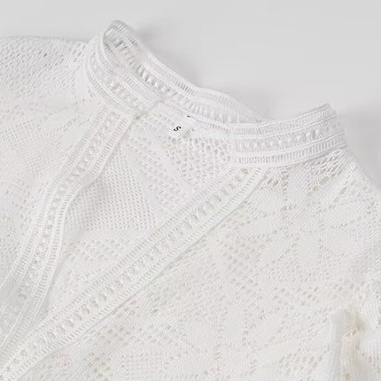 Onbely robe mi-longue dentelle coulisse taille col en V manches longues bohème blanc boho dress