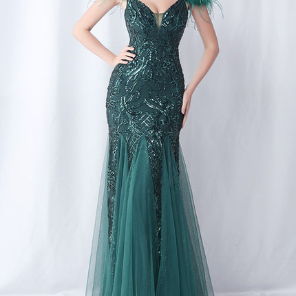 Onbely robe de soirée maxi longue en paillettes brillantes avec plumes pour un mariage femme cérémonie