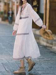 Onbely robe longue brodée bohème casual à manches longues col carré pour vacances et plage