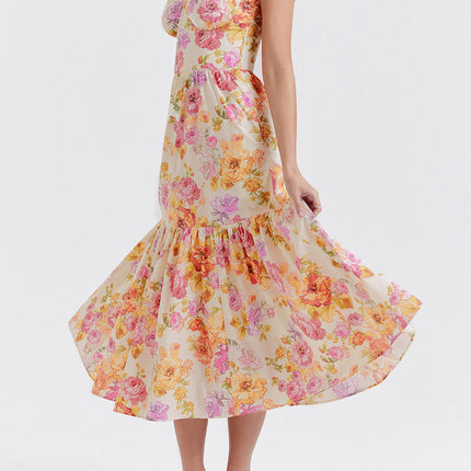 Onbely robe de soirée Mi-Longue Imprimée à Fleurs à Fines Brides pour Bal de Promo