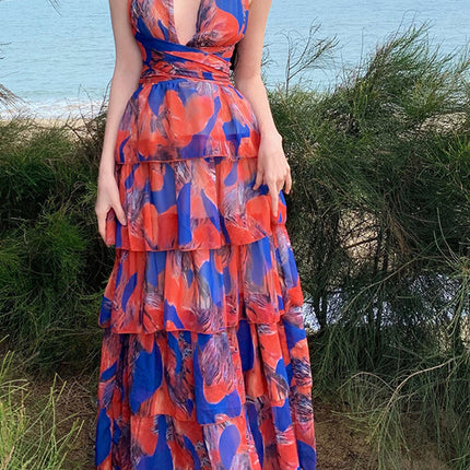 Onbely robe maxi longue licou froufrou dos nu orange