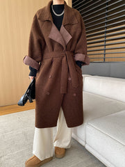 Onbely women's long double-breasted teddy coat with lapel collar