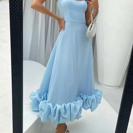 Onbely robe longue bustier à fines brides avec volants, élégante et douce pour cocktail et bal de promo