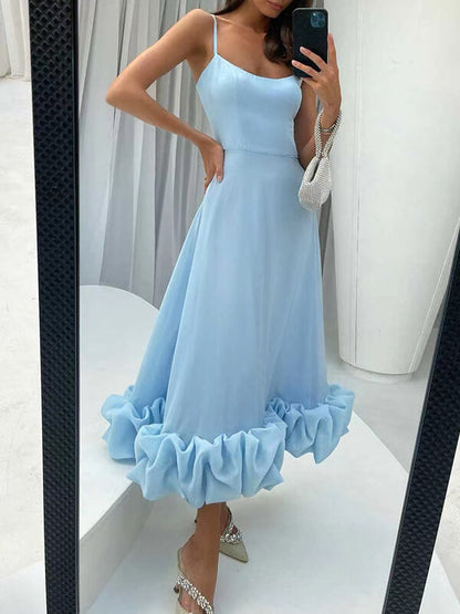 Onbely robe longue bustier à fines brides avec volants, élégante et douce pour cocktail et bal de promo