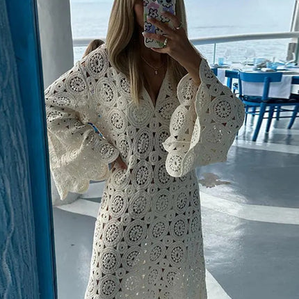 Onbely robe longue trapèze unicolore dentelle brodée col en V manches trompette manches longues mode tous les jours bureau