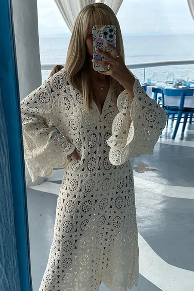 Onbely robe longue trapèze unicolore dentelle brodée col en V manches trompette manches longues mode tous les jours bureau