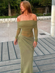 Onbely robe longue moulante en tulle avec épaules dénudées manches longues en maille effet ajouré décontractée robe de bal
