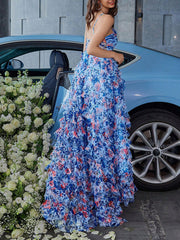 Onbely Blue Floral Print Chiffon Backless Maxi Long Evening Dress for Wedding