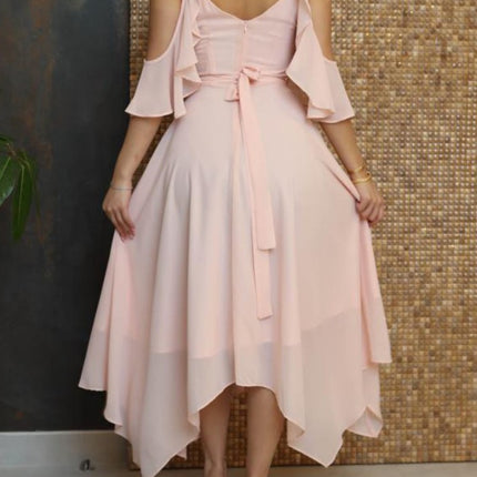 Onbely mi-longue robe irrégulière unicolore à fines brides col en V mode