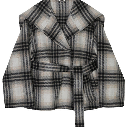 Onbely manteau en laine carreaux avec ceinture col marin femme mode