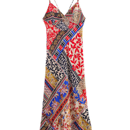 Onbely robe longue trapèze imprimé à fleurie dos nu à fines brides col en V mode vacances plage