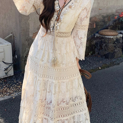 Onbely robe longue bohème à broderie anglaise avec pompons et manches évasées pour plage et vacances boho dress