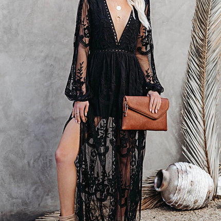 Onbely robe longue dentelle fendu le côté Col en V bohème boho dress