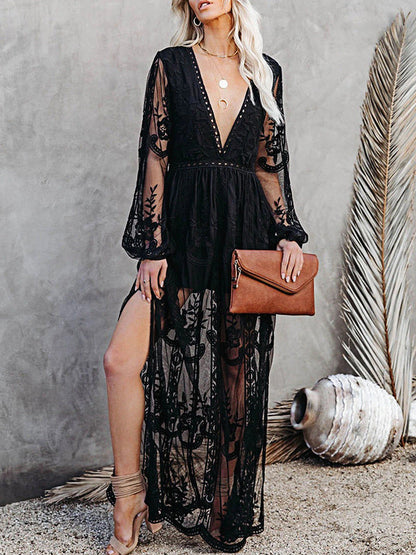 Onbely robe longue dentelle fendu le côté Col en V bohème