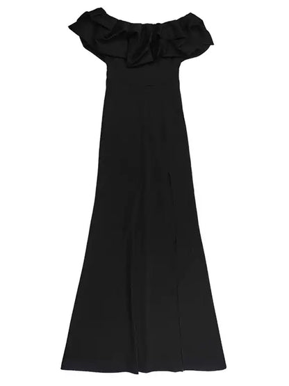 Onbely robe longue fendu col bateau élégant mode soirée noir