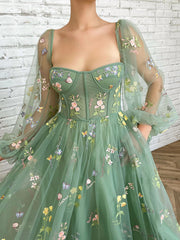 Onbely Long Evening Dress with Embroidered Strapless and Long Sleeves for Prom or Wedding