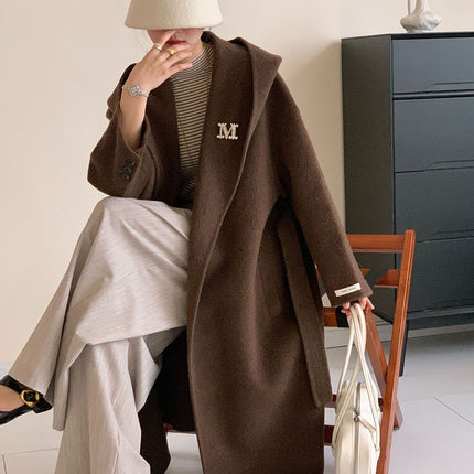 Onbely manteau en laine longue avec poches ceinture à capuche pour femme