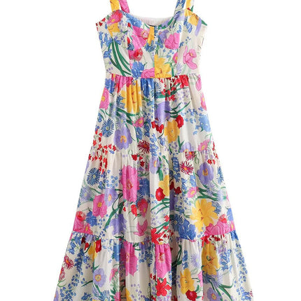 Onbely roeb longue de plage trapèze imprimé à fleurie bretelle