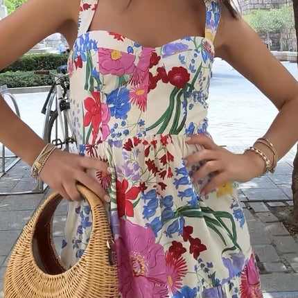 Onbely roeb longue de plage trapèze imprimé à fleurie bretelle