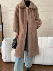 Onbely Women's Long Faux Fur Coat with Lapel Collar