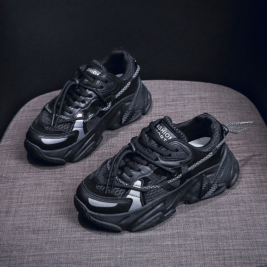 Onbely Baskets Chunky Femme Noires – Chaussures de Sport à Semelle Épaisse – Style Urbain Respirant & Confort Élevé