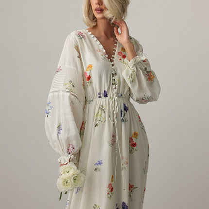 Onbely robe longue trapèze imprimé à fleurie col en V manches longues taille marquée élégant mode tous les jours