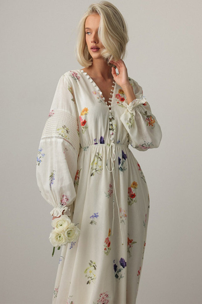 Onbely robe longue trapèze imprimé à fleurie col en V manches longues taille marquée élégant mode tous les jours