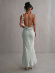 Onbely Spaghetti Straps Backless Satin Long Evening Dress