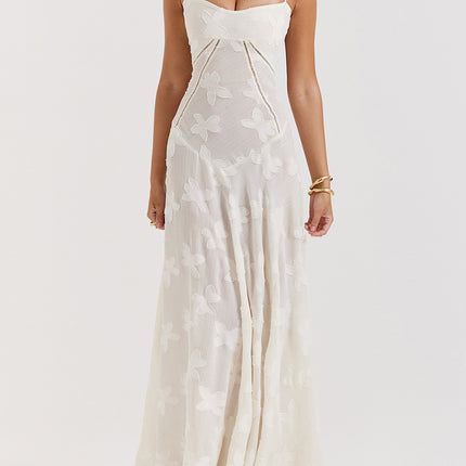 Onbely robe de soirée longue blanche en jacquard élégante à fines brides pour bal de promo ou mariage