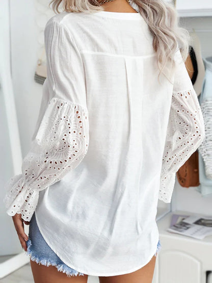 Onbely blouse broderie anglaise à volantée fluide boutonnage v-cou manches bishop femme élégant chemisier